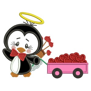 Penguin Angel With Wagon Full Of Hearts Applique Machine Embroidery Design Digitized Pattern